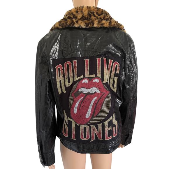 Y2K Leopard Fur Collar Croc Vinyl Jacket Upcycled Rolling Stones Glam Rock Black - Picture 1 of 11